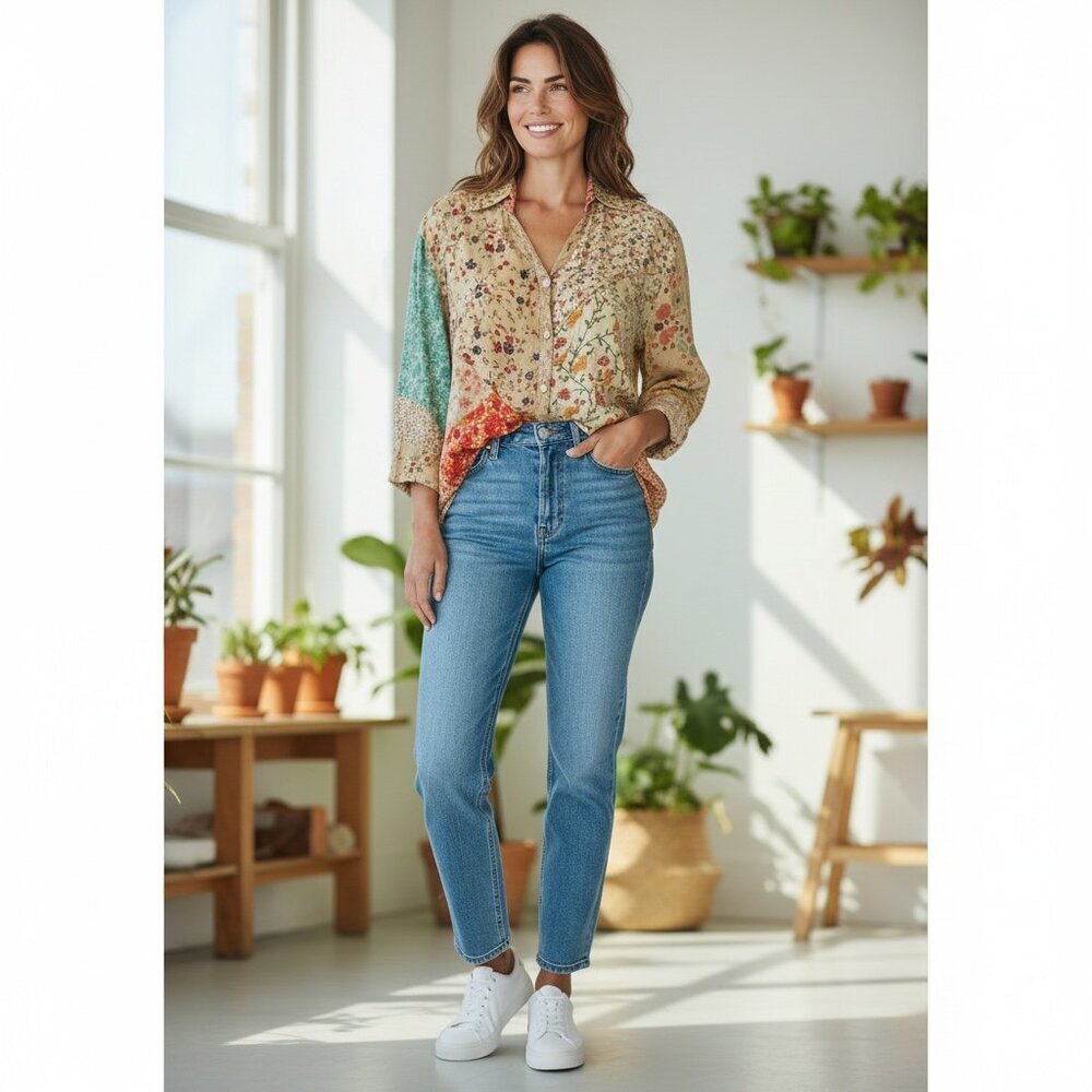 Sacred Threads Floral Patchwork Button Down Shirt… - image 4